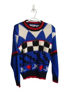 Vintage 80s Blue Patterned Knit Sweater with Heart and Checker Details Grandma